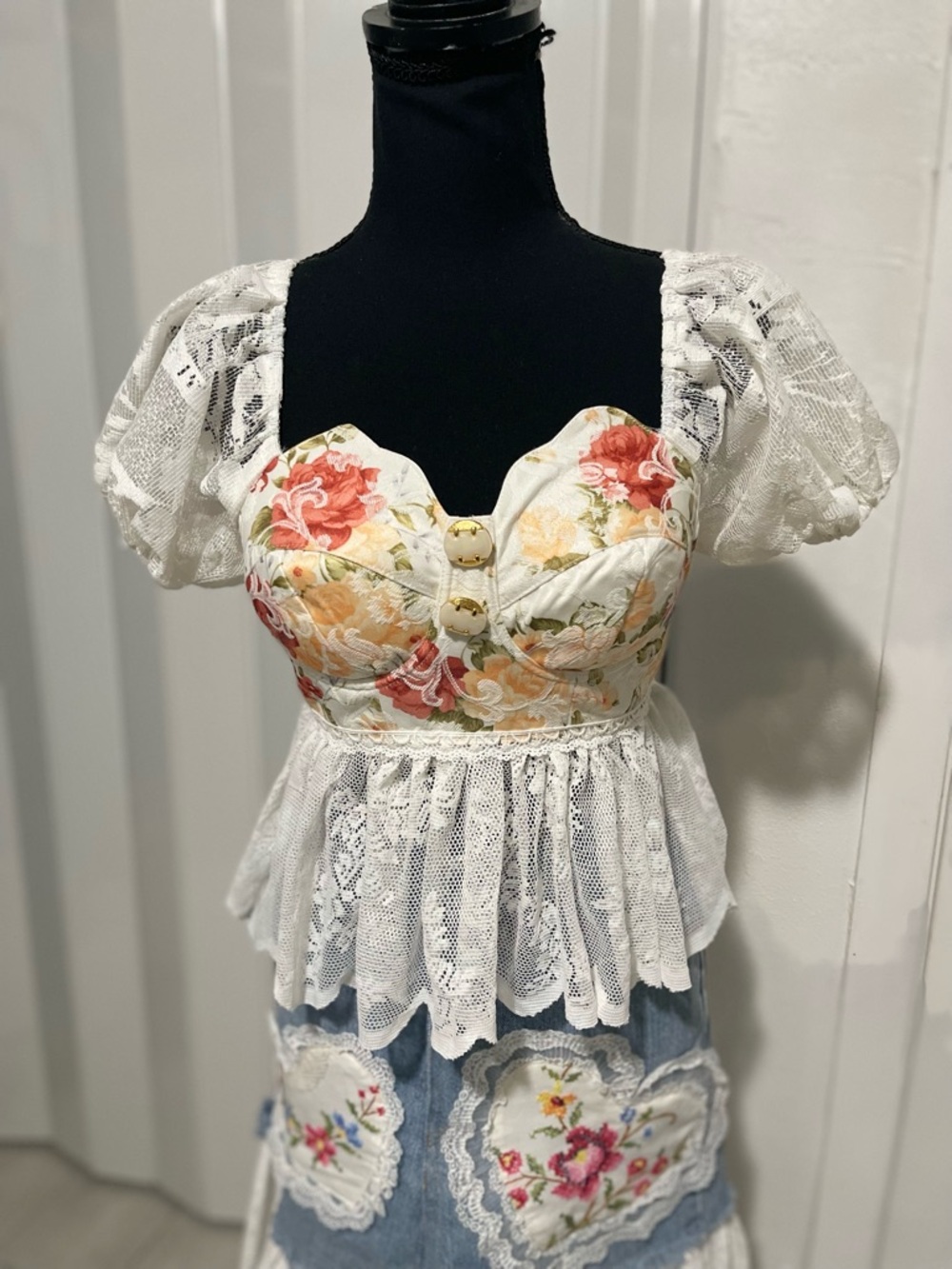 Floral Lace Peplum Crop Top - White with Pink & Yellow Flowers